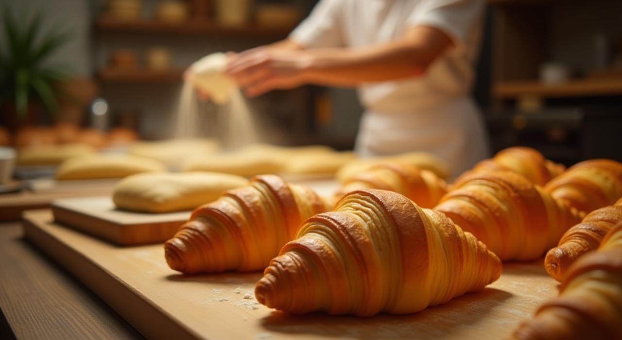 Golden croissants coming out of the oven, flour dusting fresh dough