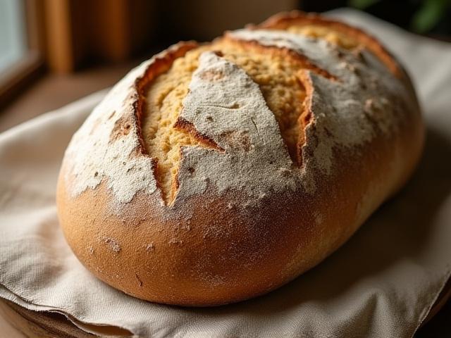 A rustic, artisanal sourdough loaf with a beautiful crust